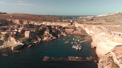 Popeye Village on Malta during golden Hour - Drone