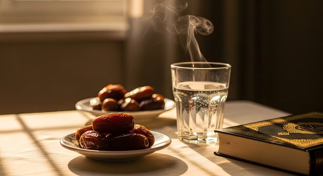 Ramadan iftar with dates and hot water on a table with quran