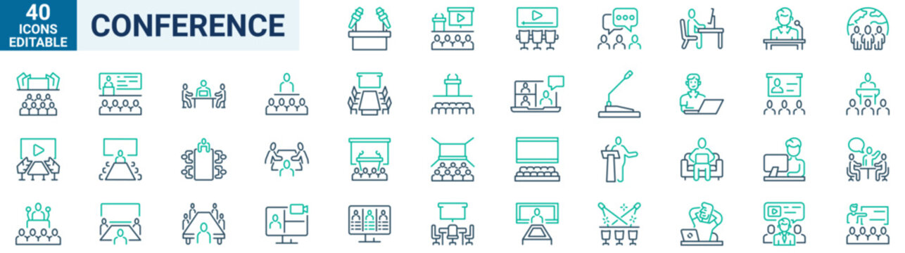 Seminar or Conference web line icons editable icons set. Conference icon set. vector illustration