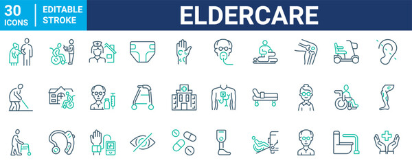 Elderly care web icon set. nursing home, assisted living, home nurse. Elderly