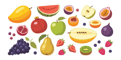 Set of fresh fruits and berries collection, Vector illustration