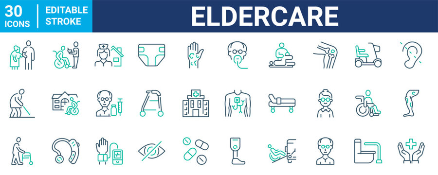 Elderly care web icon set. nursing home, assisted living, home nurse. Elderly