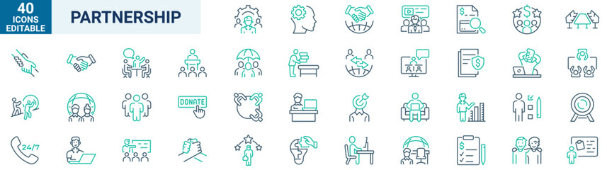 Partnership line web icons. Contains such icons as business, trust, collaboration, goal, teamwork, share, performance, knowledge and planning Editable stroke.