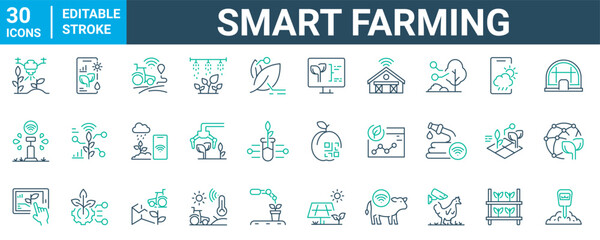 Smart farming web line icons. Agriculture. Editable stroke. Vector illustration