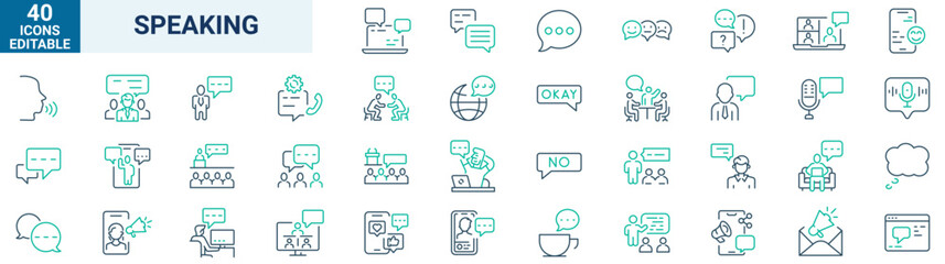 Speaking set of web icons in line style. Communication icons for web and mobile app. Containing people, communication, talking, discussion, speech bubble, team, support and more