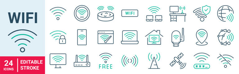 Signal, Router, Wireless, wifi, Network and Internet web line icons. Editable stroke. Vector illustration