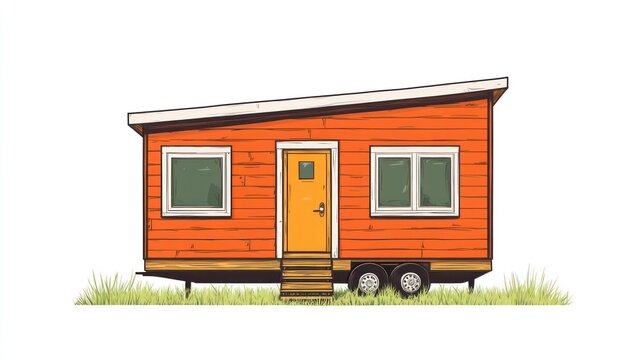 Orange tiny home illustration on white background with grass and wheels
