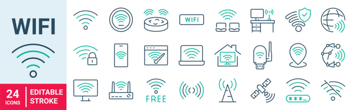Signal, Router, Wireless, wifi, Network and Internet web line icons. Editable stroke. Vector illustration