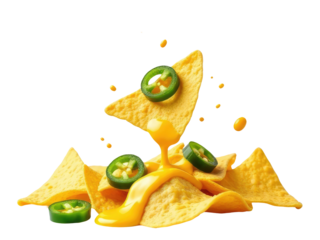 A plate of crispy tortilla chips topped with melted cheese, jalapenos, and savory goodness