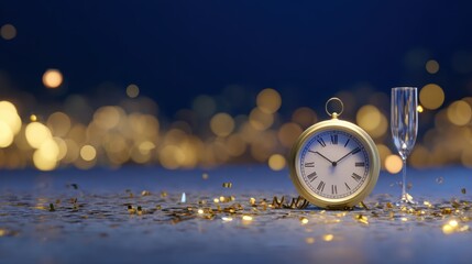New Year Countdown Clock with Confetti and Champagne Flute on Midnight Backdrop