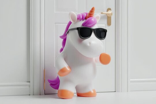 Un unicornio blanco con gafas de sol posa frente a una puerta blanca.