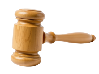 A wooden judge's gavel on a white background, useful for legal or courtroom scenes