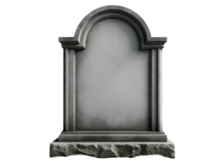 A tombstone with a window on a white background