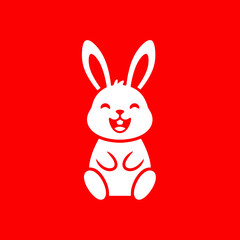 Cute cartoon white bunny rabbit illustration on red background.