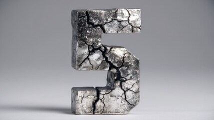 A stone-like, cracked, number five stands on a light grey background. The surface has a rough, weathered appearance with visible crevices