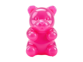 A single pink gummy bear sitting on a white background