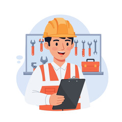 Smiling Male Construction Worker Holding Tablet.