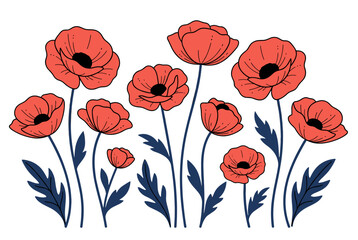 Fototapeta premium Red Poppies Flowers with Blue Leaves Drawing Style On White Background