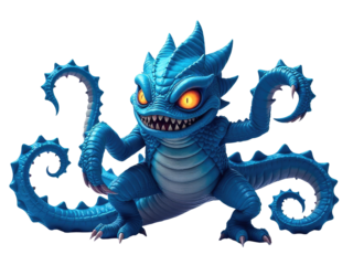 A majestic blue dragon holds a sword in its claws, with piercing red eyes