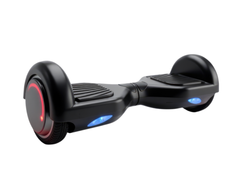 A black hoverboard with a red light indicating its power is on - Powered by Adobe