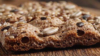 A detailed closeup shot of a rustic wholesome multigrain crispbread richly textured and generously topped with an assortment of healthy seeds including sunflower flax and sesame resting on a natural .