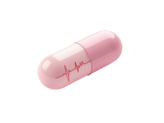 A pink pill with a heartbeat design