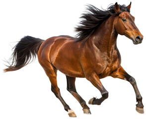 Obraz premium A dynamic, chestnut-colored equine with a flowing black mane and tail, captured in a mid-gallop motion with powerful legs and a focused gaze, presented as a, isolated on transparent background.