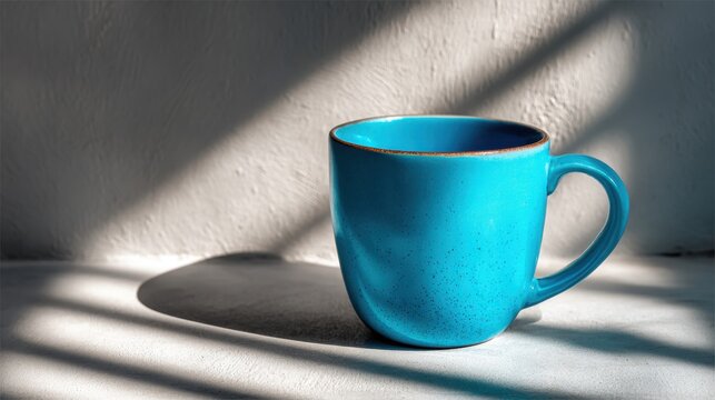 Blue coffee mug casting a shadow on a white table, highlighting its color and simple, clean design - Powered by Adobe
