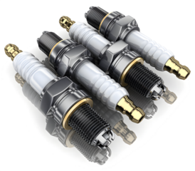 Spark Plugs: An detailed view of four spark plugs, illustrating mechanical components and technology.