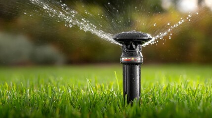 A sprinkler is on a grassy lawn. The sprinkler is black and has a red and white dial. The water is coming out of the sprinkler and is spraying the grass