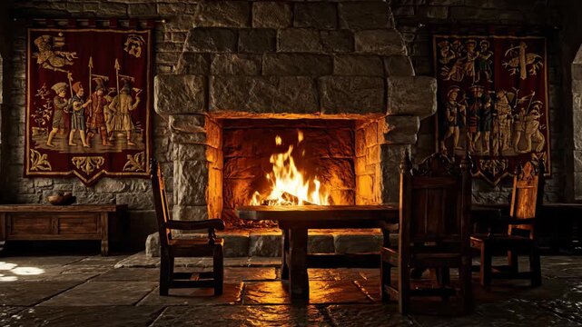 Medieval interior with fireplace and tapestries