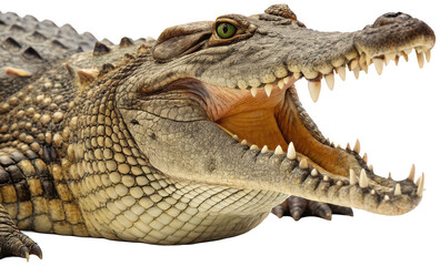 Fototapeta premium A fearsome, scaly, textured crocodile with its mouth wide open, displaying sharp teeth and a green eye, captured in a close-up, detailed, and powerful pose ,, isolated on transparent background.