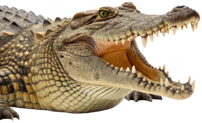 A fearsome, scaly, textured crocodile with its mouth wide open, displaying sharp teeth and a green eye, captured in a close-up, detailed, and powerful pose ,, isolated on transparent background.