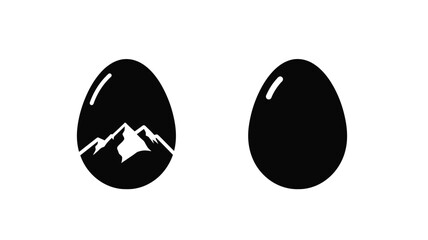 Two cracked egg shapes with mountainscapes inside a striking silhouette