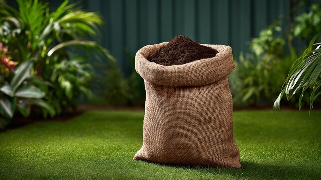 A bag of dirt is sitting on a green lawn. The bag is made of burlap and is filled with dirt. The scene is peaceful and serene, with the bag of dirt sitting on the grass in the middle of the lawn