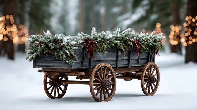 A wooden wagon with a wreath of evergreen branches on it. The wagon is in a snowy field