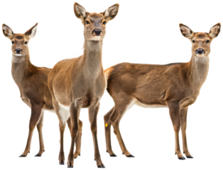 A photographic depiction of three graceful, adult female deer with rich brown fur and alert ears, standing on a black surface with a digitally distorted,, isolated on transparent background.