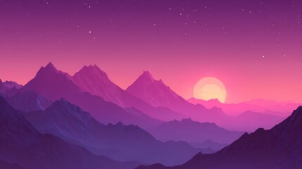 A stylized panoramic vista featuring purple mountain ranges under a sunset sky with a bright sun and stars. Colors transition from dark blue to pink