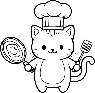 Cartoon chef cat cooking with frying pan and spatula, cute kitchen character, flat vector illustration