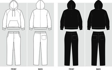 Hoodie and sweatpants front and back view, casual outfit in black and white, flat vector illustration