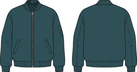 Bomber jacket front and back view, zippered sleeve pocket, ribbed collar and cuffs, fashion garment, flat vector illustration © Creative_design