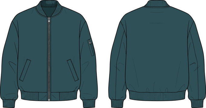 Bomber jacket front and back view, zippered sleeve pocket, ribbed collar and cuffs, fashion garment, flat vector illustration