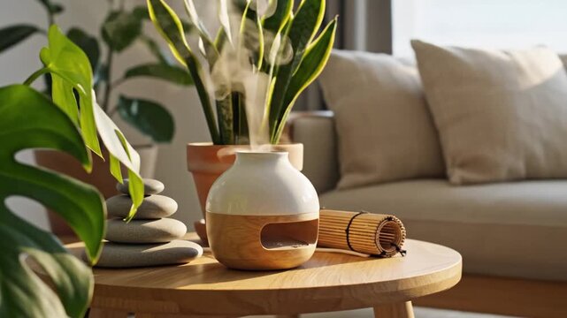 Aromatic diffuser and plants on wooden table in bright interior wellness concept minimalist design