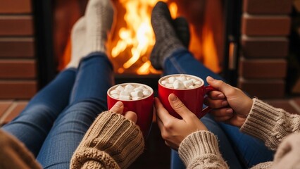 Two people sitting by fireplace holding mug with hot chocolate. Hands with red cups and marshmallow. Cozy evening holiday. Relax winter home concept for Christmas and New Year.