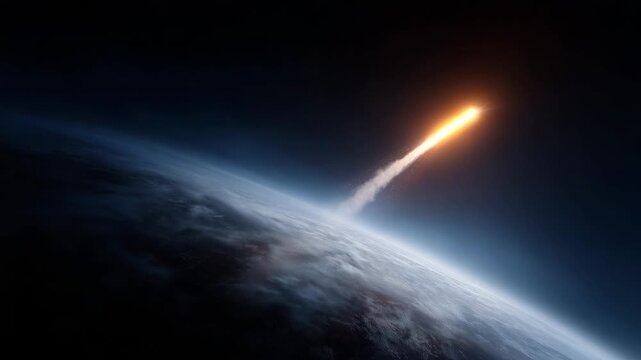 Rocket launching from the surface of Planet Earth into outer space, bright engine flame piercing through clouds and atmosphere, dramatic ascent toward orbit with a glowing trajecto
