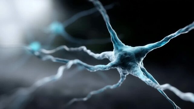 Neurons and nerve cells visualized as a complex neural network, glowing blue neuronal structures with branching dendrites and axons connected by bright synaptic nodes, elect