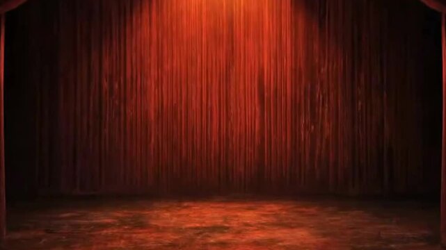 A lavish red velvet stage curtain, rich in texture and color, takes center stage, dramatically illuminated by a solitary, warm spotlight from above. The deep folds of the luxurious fabric create a cla