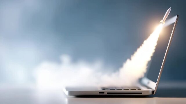 a modern laptop with clouds emerging from the screen and a small rocket launching forward, symbolizing business growth, innovation and digital laun 4kk