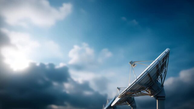 satellite dish antennas pointed toward the sky, modern ground-based communication infrastructure set against a dramatic blue sky with scattered clouds