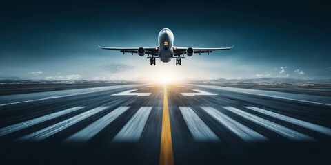 Fototapeta premium Commercial aircraft flying over blurred runway, representing swift business journeys, vacation travel, logistics, and global connection